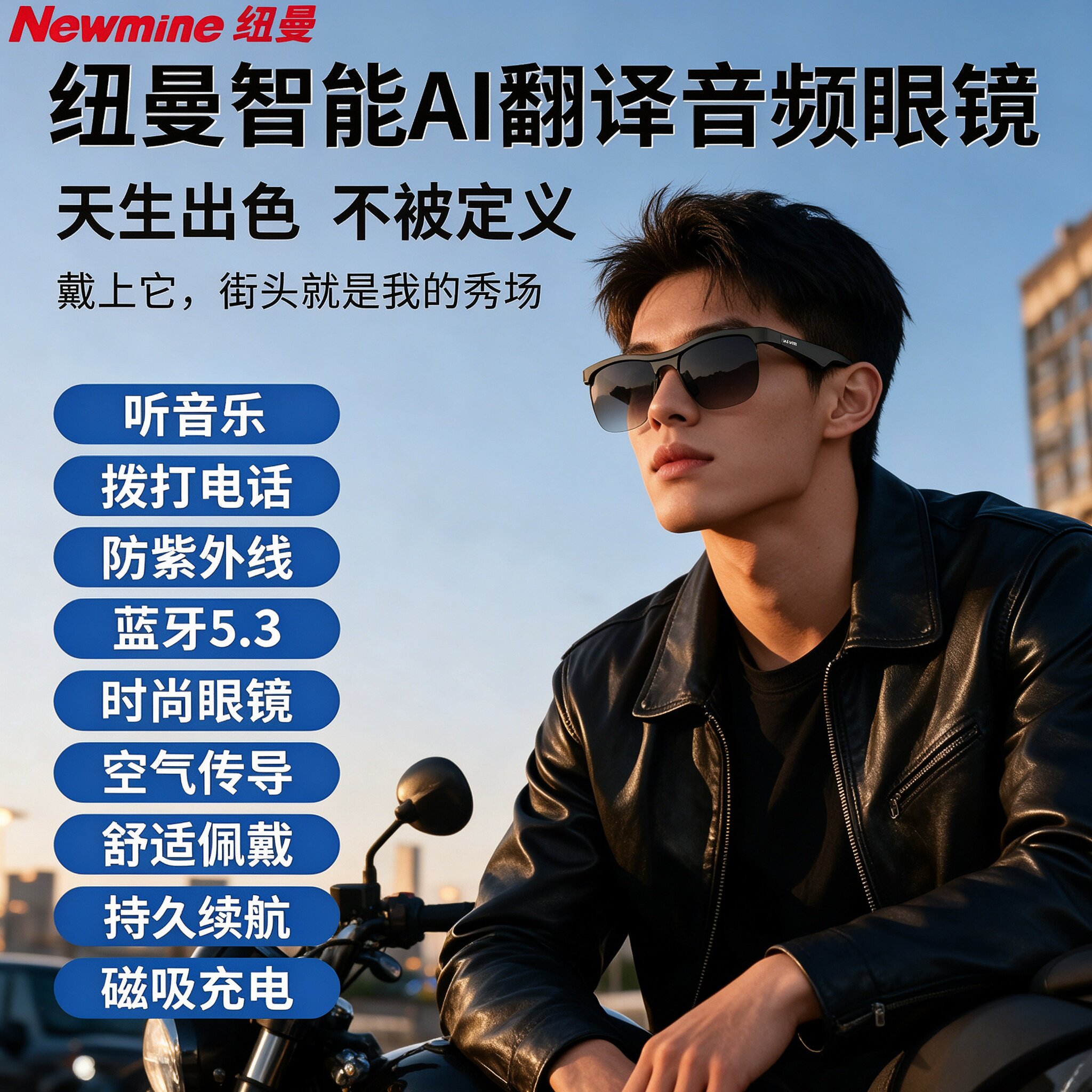 纽曼智能蓝牙眼镜通话听歌音频通话智能AI翻译眼镜户外运动骑行多功能太阳镜墨镜