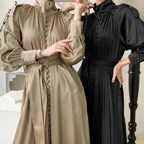 Elegant Office Lady Maxi Dress Long Sleeve Solid Fashion
