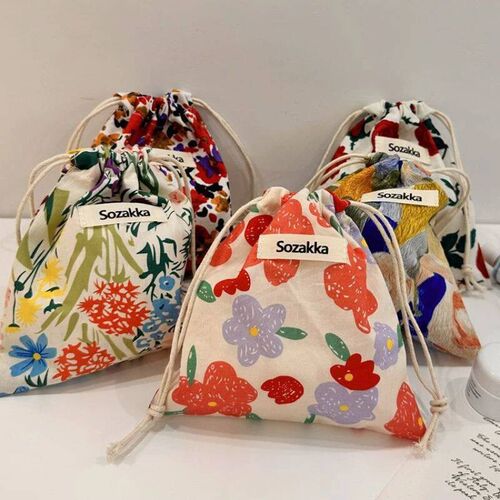 Cotton Fabric Floral Small Drawtring Bag Liptick Toiletry Ma