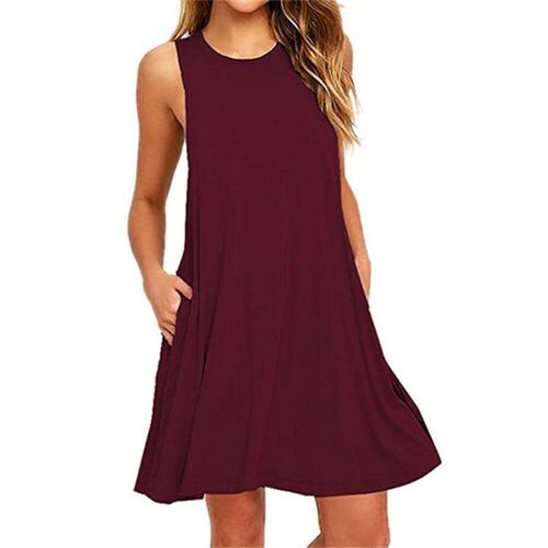 With Pocket Solid Color Sleeveless Loose Dress Women O Neck