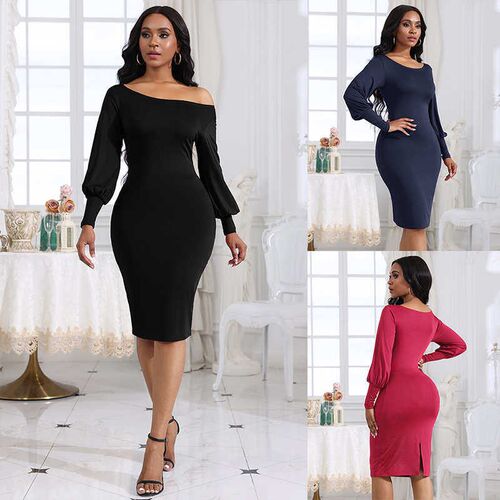 Solid Off Shoulder Sexy High Waist Hip Lift Dress 气质连衣裙