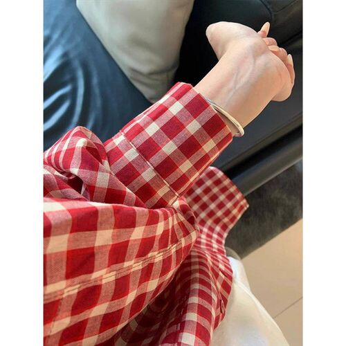 2025 Korean Style Red Plaid Shirt Womens Lazy Loose Casual