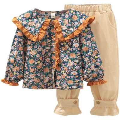 2025 Girls Spring Autumn SetFloral Lapel Long Sleeve Shirt C