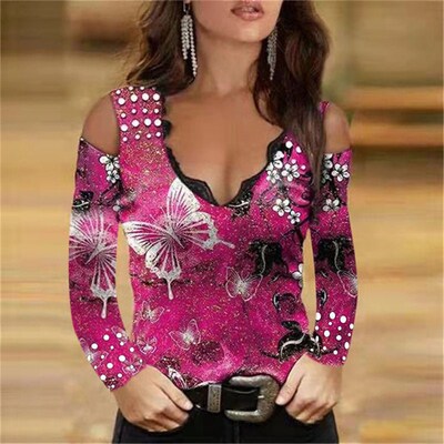 Women Sexy V Neck Off Shoulder Shirts Tops Rose Printed