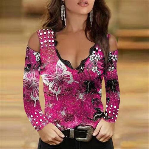 Women Sexy V Neck Off Shoulder Shirts Tops Rose Printed