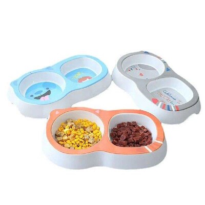 Plastic Pet Feeding Double Bowls Anti-Slip Cartoon Dog Food