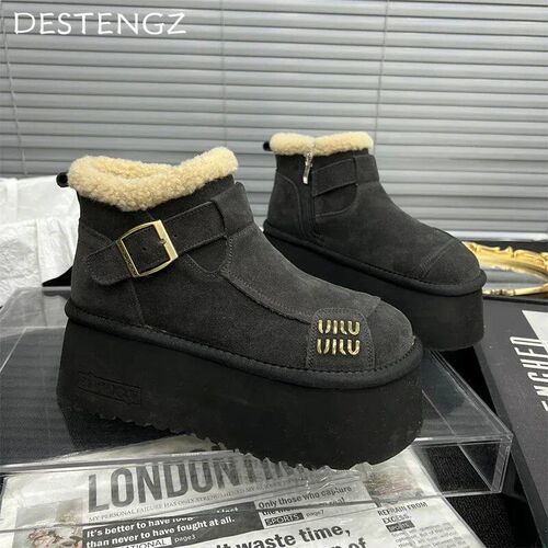 2024 New Fur Platform Women Ankle Boot Flat Suede Warm Shoe