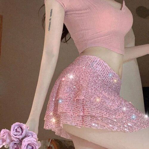 2024 Spring Summer Women Pink Sequin Multi Layered Ruffle Ed