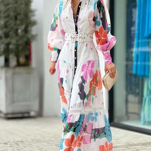 Elegant Flower Print Long Evening Dress Summer Fashion Long