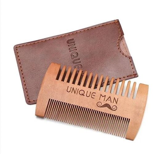 Mens Wooden Beard Comb with Leather Case Mustache Hair Comb