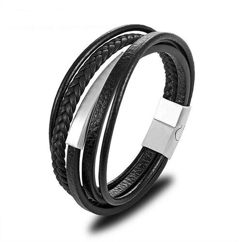 Multilayer Woven Leather Wrap Bracelet for Men Cross Bangle