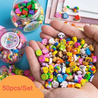 50pcs/set Cute Rubber Eraser Creative Animal Fruit Pencil Er