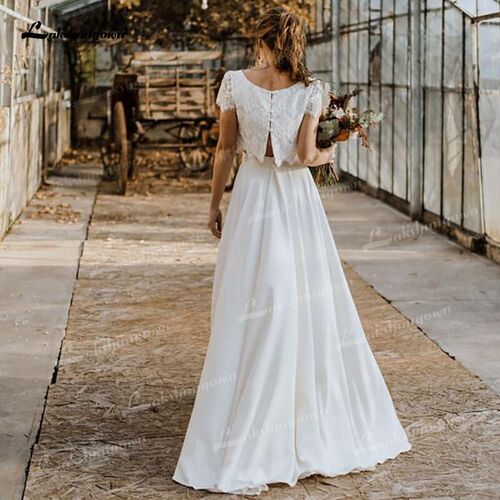 Boho Two Pieces Lace Bridal Wedding Dresses O-Neck Short Cap