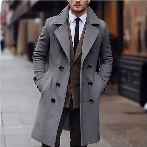 Autumn and Winter Mens Woolen Coat with Double Row Buttons