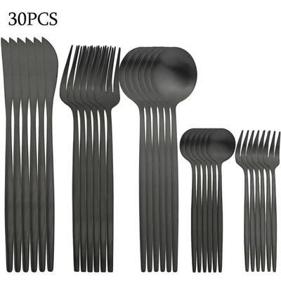 30Pcs Stainless Steel Cutlery Set Dinner Black Dinnerware Se