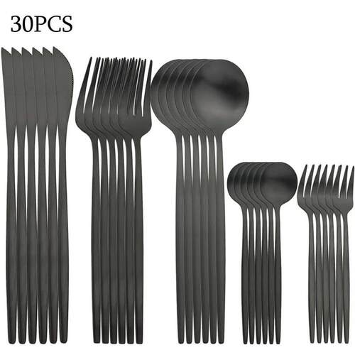 30Pcs Stainless Steel Cutlery Set Dinner Black Dinnerware Se