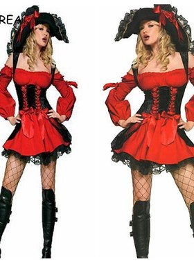 Caribbean Pirate Costume Woman Dress Girls Female Hat Neckla