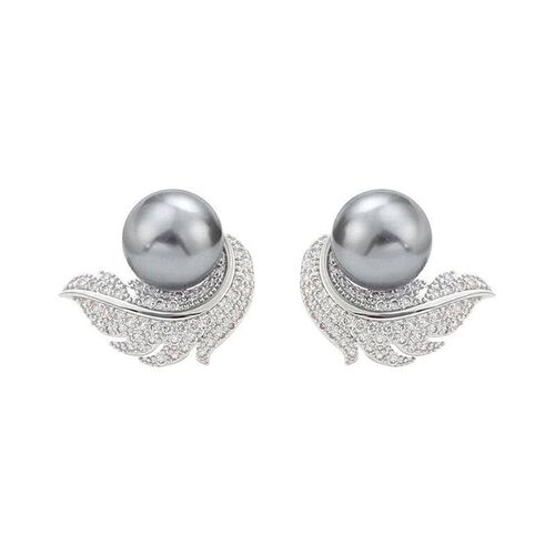 Huitan Feather Design White/Black Simulated Pearl Stud Earri