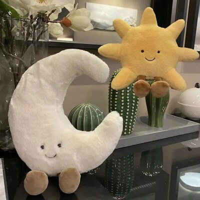 Adorable Smile Face White Moon Yellow Sun Plushie Stuffed Cu