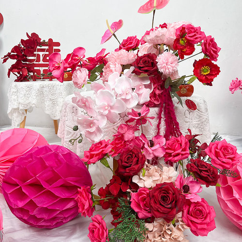 婚房玫红色仿真花订婚结婚假花成品婚庆婚礼布置kt板装饰花艺摆件