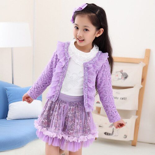 SpringAutumn Long Sleeve Lace 3Piece Girls MidChildrens Suit