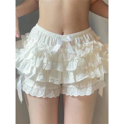 Womens Summer Lace Trim Shorts Plaid Elastic Band Tiered Ru