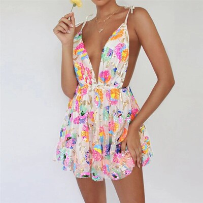 Elegant Chic Suspender Sequined Backless Mini Dress Summer P