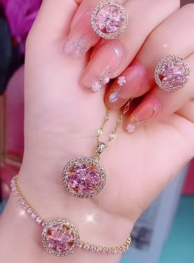 法式新款时来运转项链女戒指耳环旋转设计套装不掉色锁骨饰品女潮