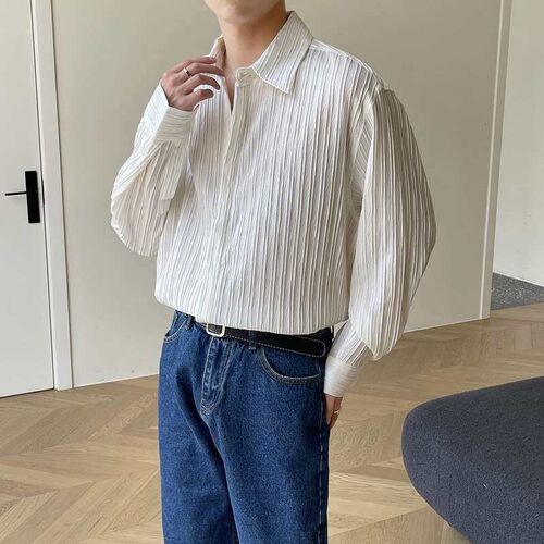 Loose Pleated Long-sleeved Shirt Mens Ins Spring tendy High