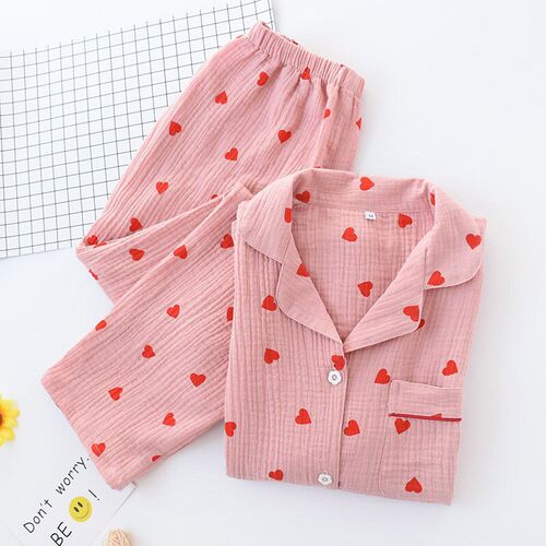 Voorjaar Nieuwe Dames Pyjama Set Hart Gedrukt Crpe Katoen