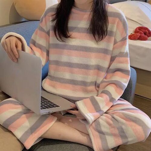 Women Print  Warm Flannel Women Pyjamas Sets Thin Coral Velv