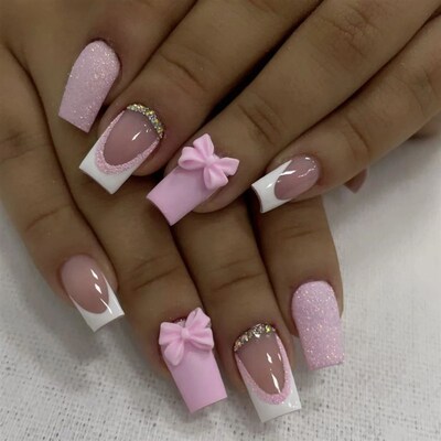 Light Pink Fake Nails Mid-length Square Head Press on Nails