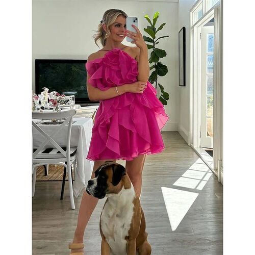 Elegant 3D Flower Cascading Ruffle Halter Dress Women Solid
