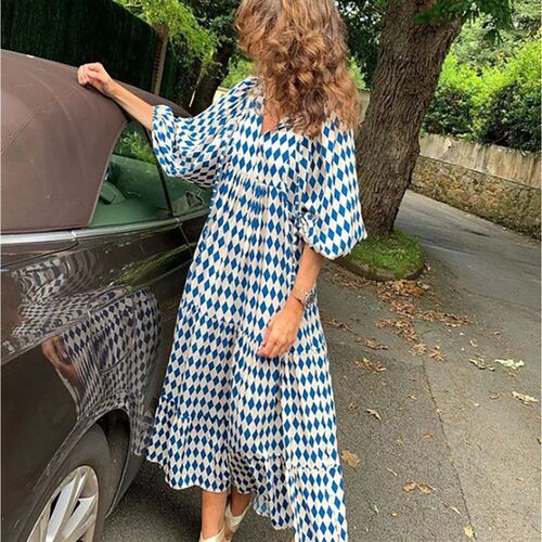 Floral Print Maxi Dress Women Bubble Sleeved Loose Fit