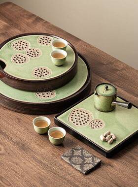 厂家窑变复古23js09-0茶家用圆形托式盘中茶具盘储水式陶瓷干泡小