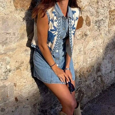 Women Vintage Floral Embroidered Open WaistCoat Ladies Natio