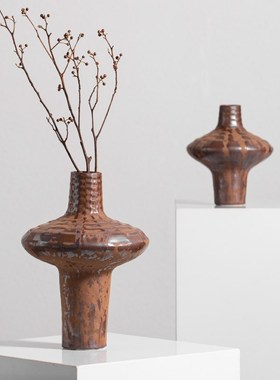 侘寂风复古做旧铁锈陶瓷花瓶中式焦糖色民宿陈列装饰品摆件样板间