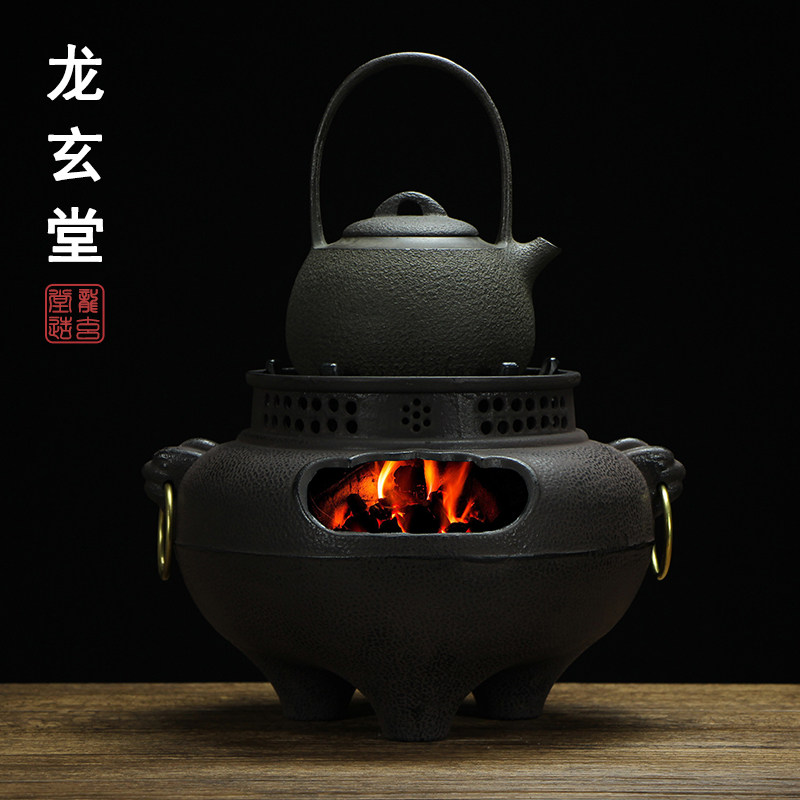日式老炭炉家用室内铁釜铁壶煮茶炉大号碳炉铸铁烤火炉鬼面风炉