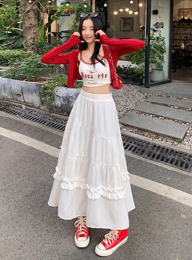 KRO复古甜美百搭蛋糕裙2024新款设计感A字裙垂感休闲白色长裙