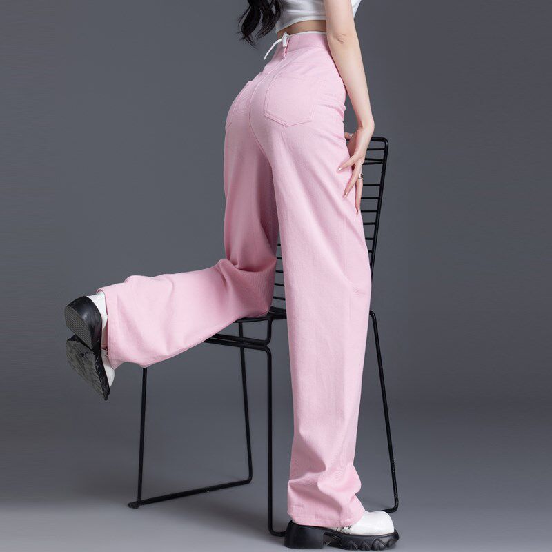 粉色牛仔裤子女春秋季宽松2024年新款直筒阔腿裤高腰彩色裤子女士