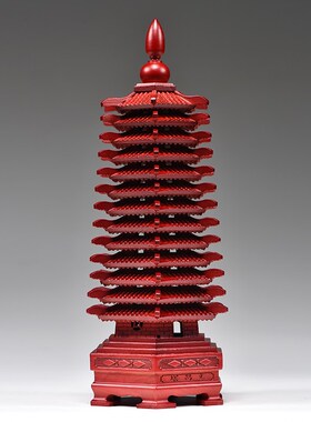 桃木雕刻十三层文昌塔摆件木质红色13层九层木制客厅书桌书房工艺