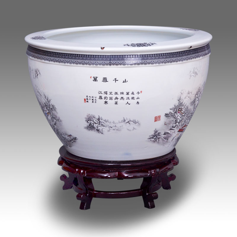 陶瓷鱼缸包邮特大号景德镇创意金鱼缸乌龟缸白色雪景睡莲碗莲鱼缸