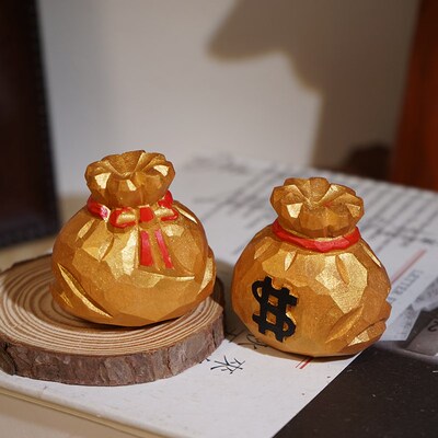 【恭喜发财】手工木雕摆件财神钱袋办公室工位桌面装饰品新年礼物