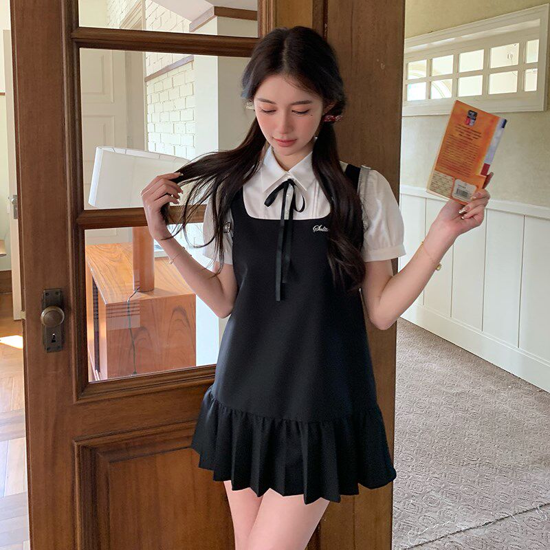 卡奶裙学院风女夏甜美可爱绀色吊带裙衬衫连衣裙套装东京岁时记jk