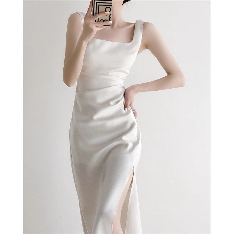 白色连衣裙女高级感夏法式长版订婚聚会轻奢小礼服气质缎面吊带裙