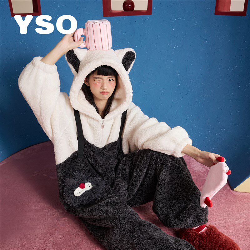 yso【酷猫系列】连体睡衣女秋冬加厚珊瑚绒中性长款可爱情侣睡衣D