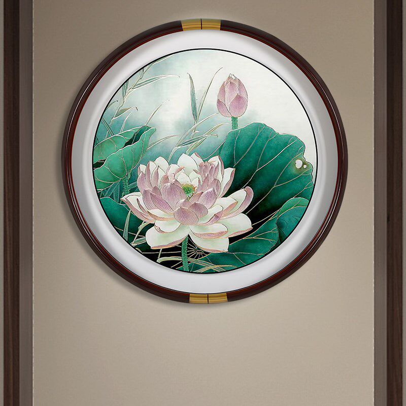 进门生财圆玄关装饰画荷花九鱼聚财图挂画高端客厅沙发背景墙新款