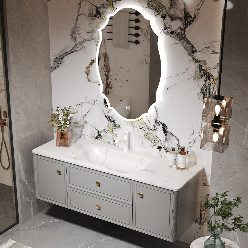 岩板热弯一体盆浴室柜橡木烤漆卫生间陶瓷洗漱台洗脸盆柜定制