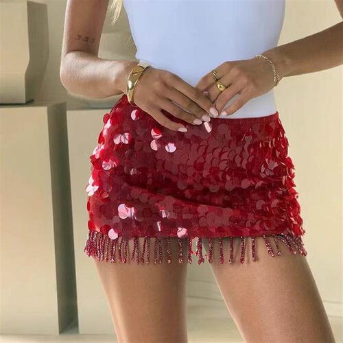 Glitter slimming red bead wrapped hip skirt