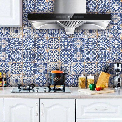 Blue and White Porcelain Tile Sticker 24pcs Self Adhesive Ho